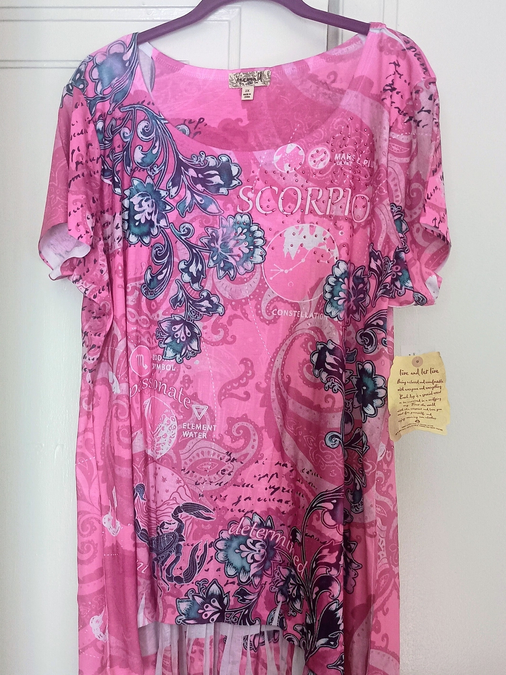 ONE WORLD Pink Floral Scorpio Fringe Tunic with Navy Accents